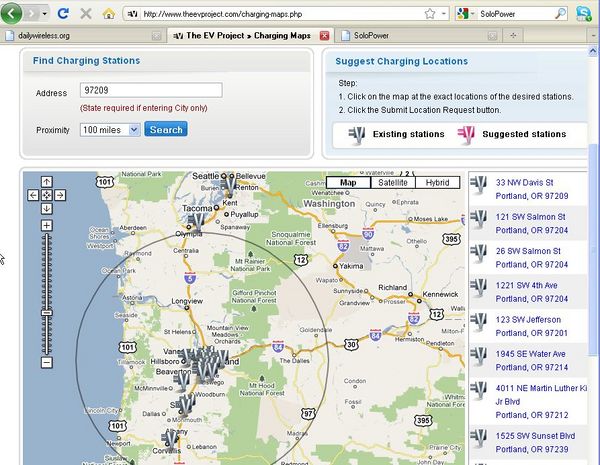 Electric vehicle charge stations within 100 miles of downtown Portland